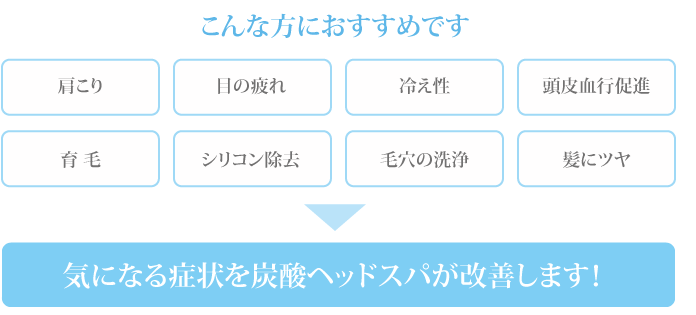 肩こり／目の疲れ／冷え性／頭皮血行促進／育毛／シリコン除去／毛穴の洗浄／髪にツヤ→気になる症状を炭酸ヘッドスパが改善します！